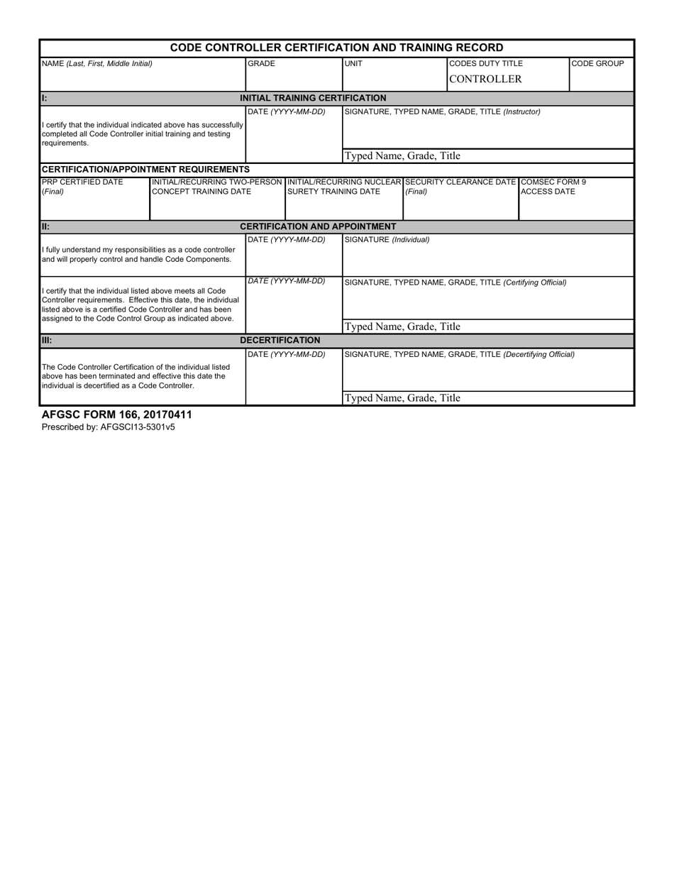 AFGSC Form 166 Code Controller Certification and Training Record, Page 1