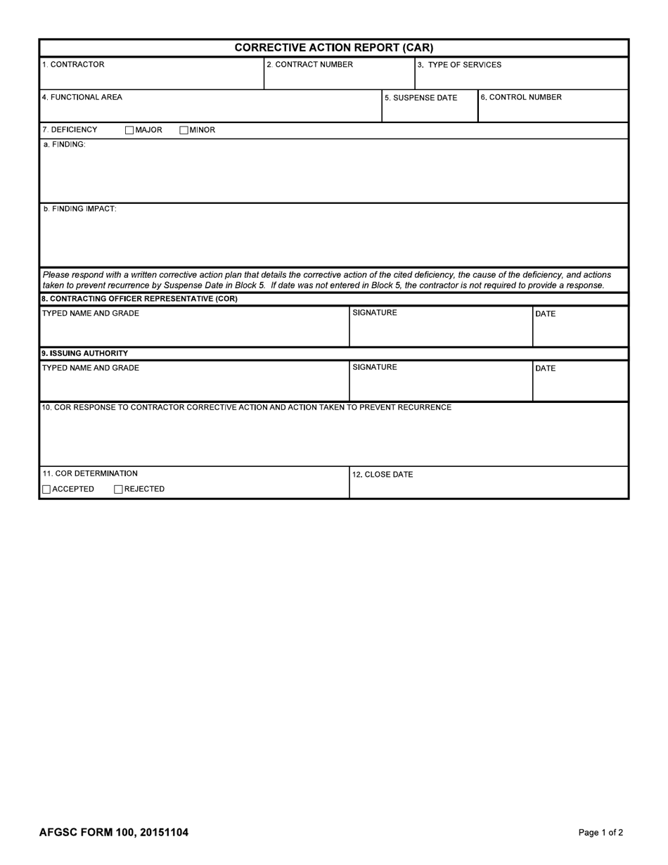 AFGSC Form 24 Download Fillable PDF or Fill Online Corrective For Construction Deficiency Report Template