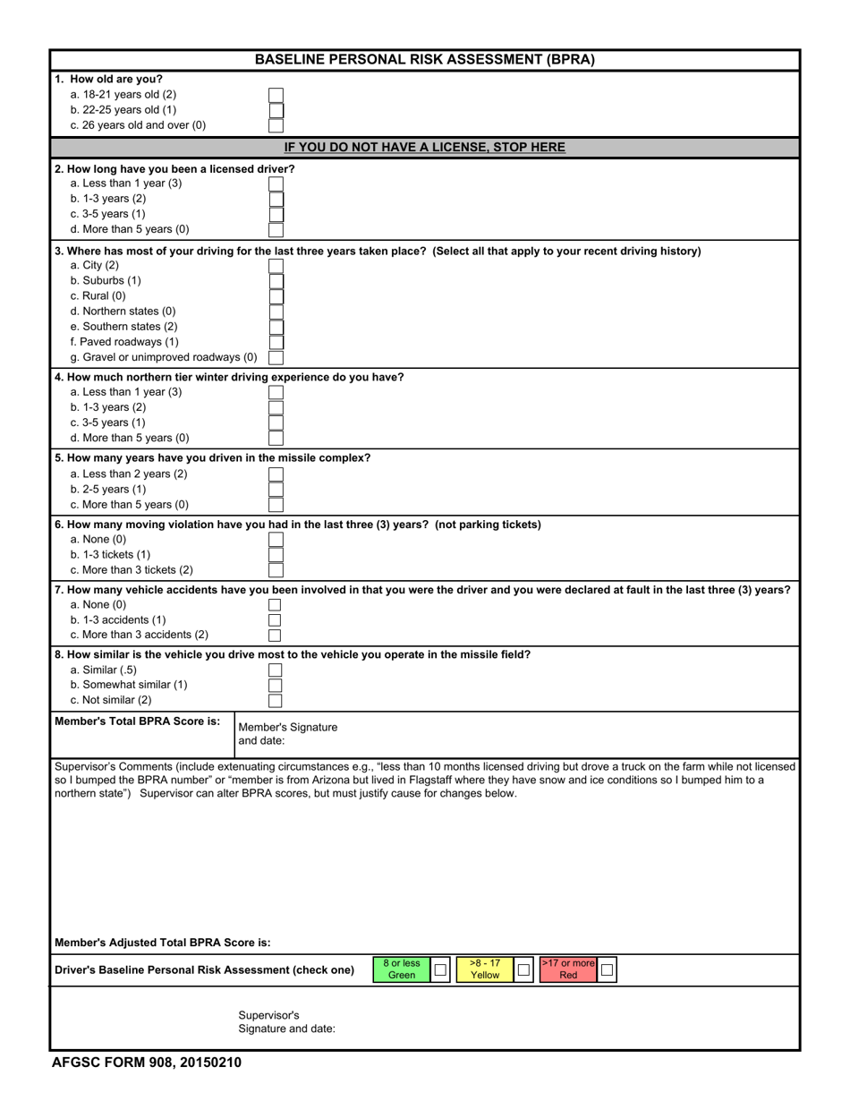 AFGSC Form 908 Baseline Personal Risk Assessment (Bpra), Page 1