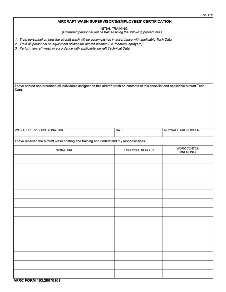 AFRC Form 163 Aircraft Wash Supervisor's/Employees' Certification, Page 1