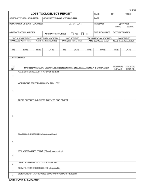 AFRC Form 174 Lost Tool/Object Report