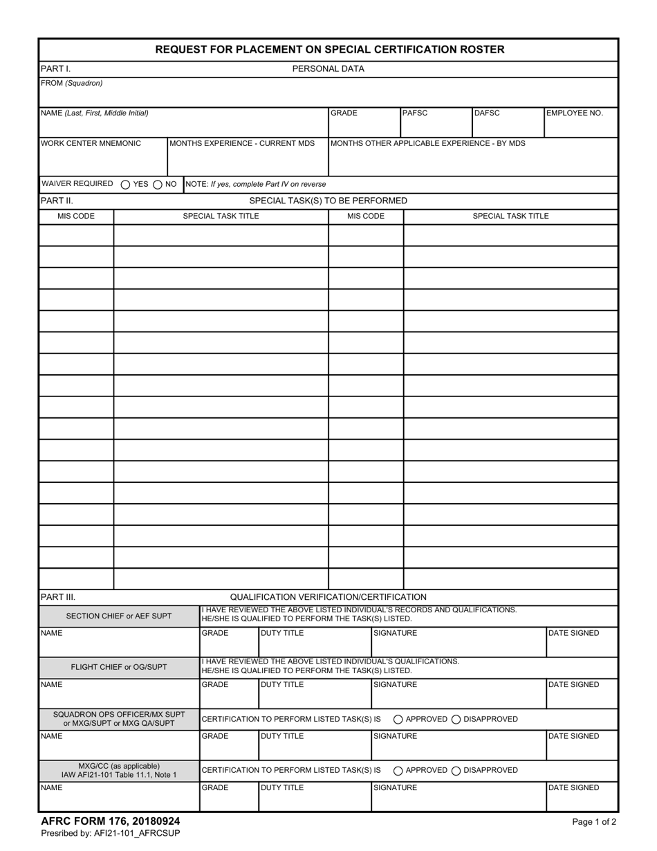 AFRC Form 176 Request for Placement on Special Certification Roster, Page 1