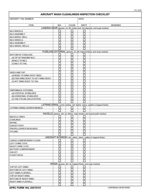AFRC Form 164 Aircraft Wash Cleanliness Inspection Checklist