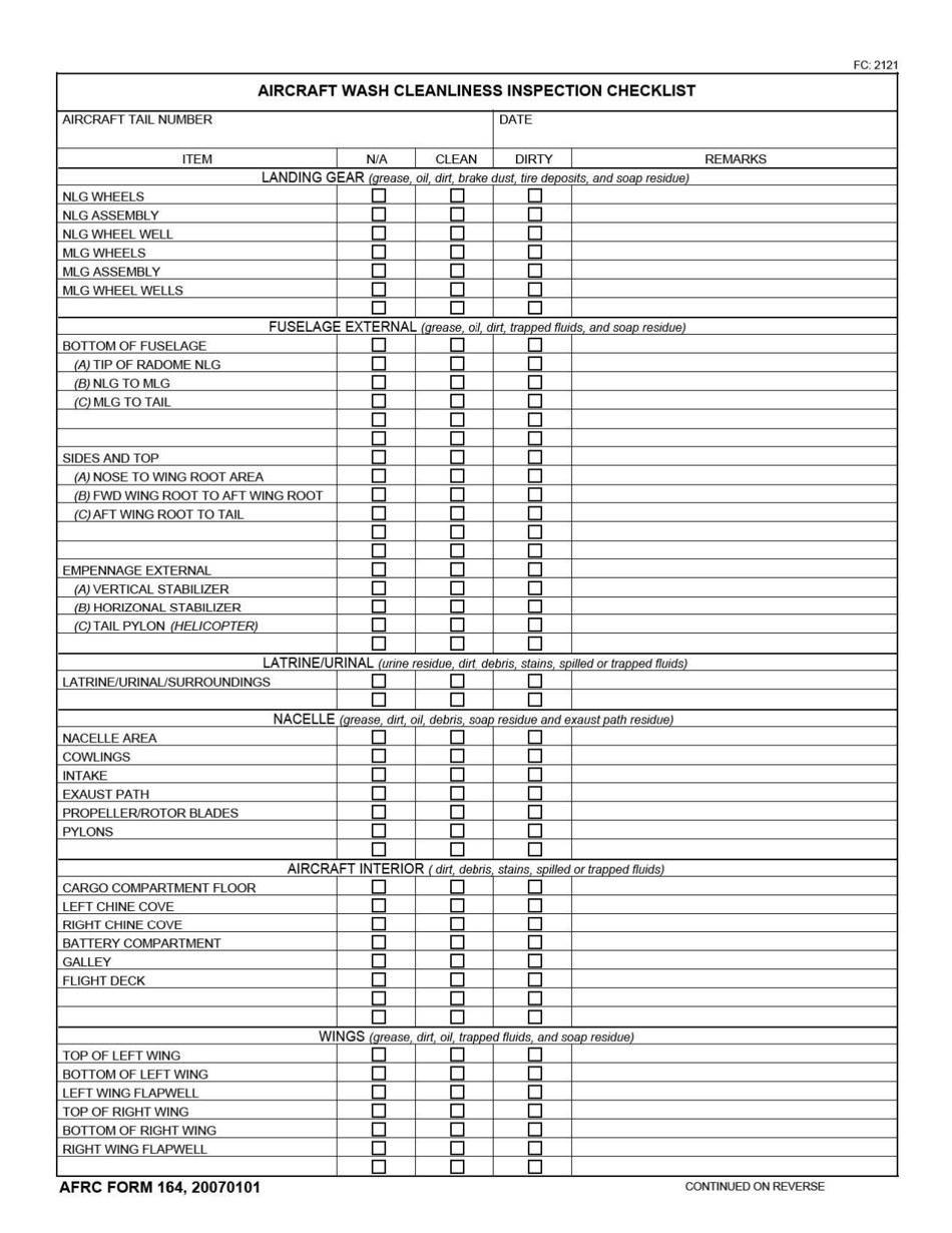 AFRC Form 164 Aircraft Wash Cleanliness Inspection Checklist, Page 1