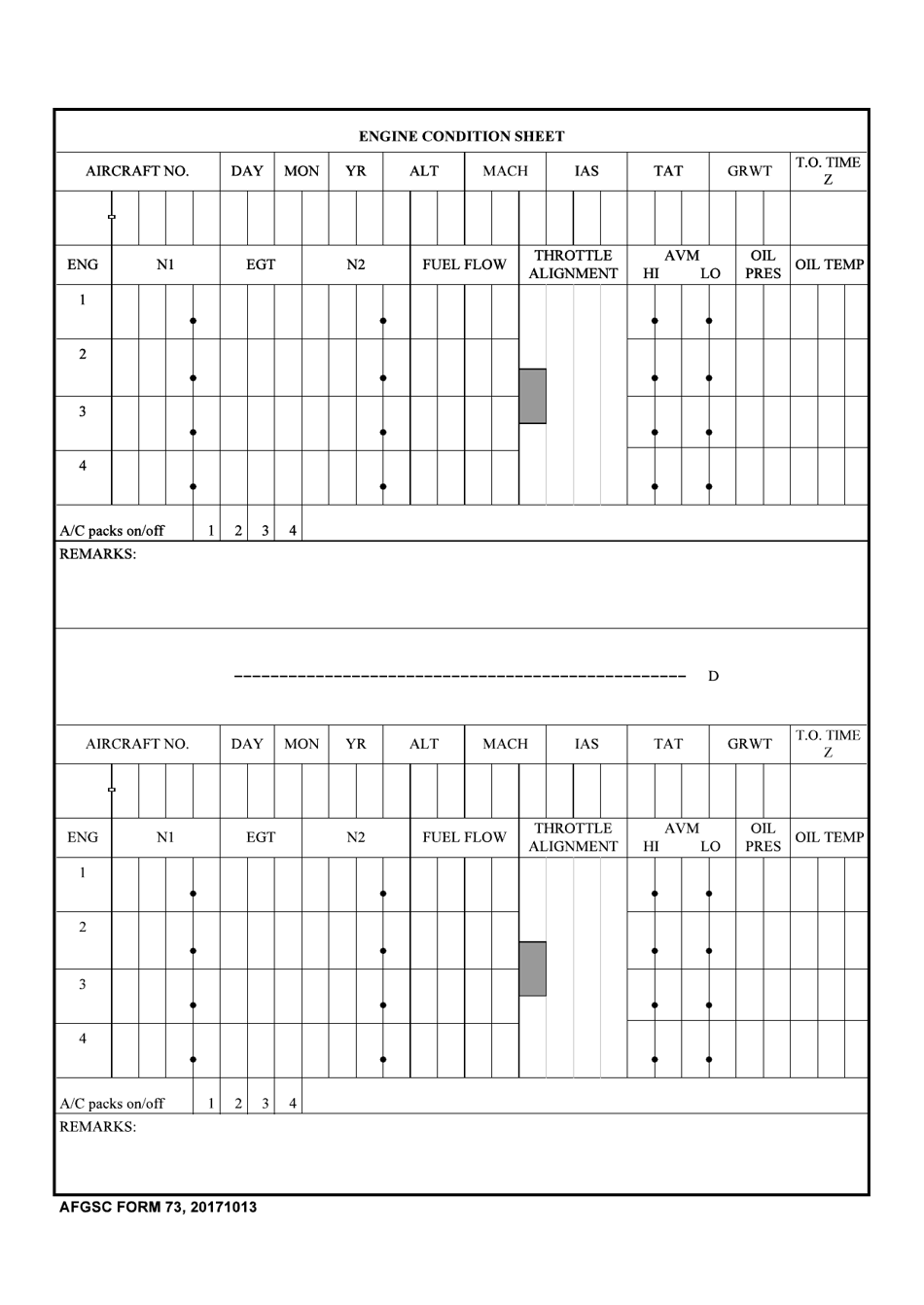 AFGSC Form 73 Engine Condition Sheet, Page 1