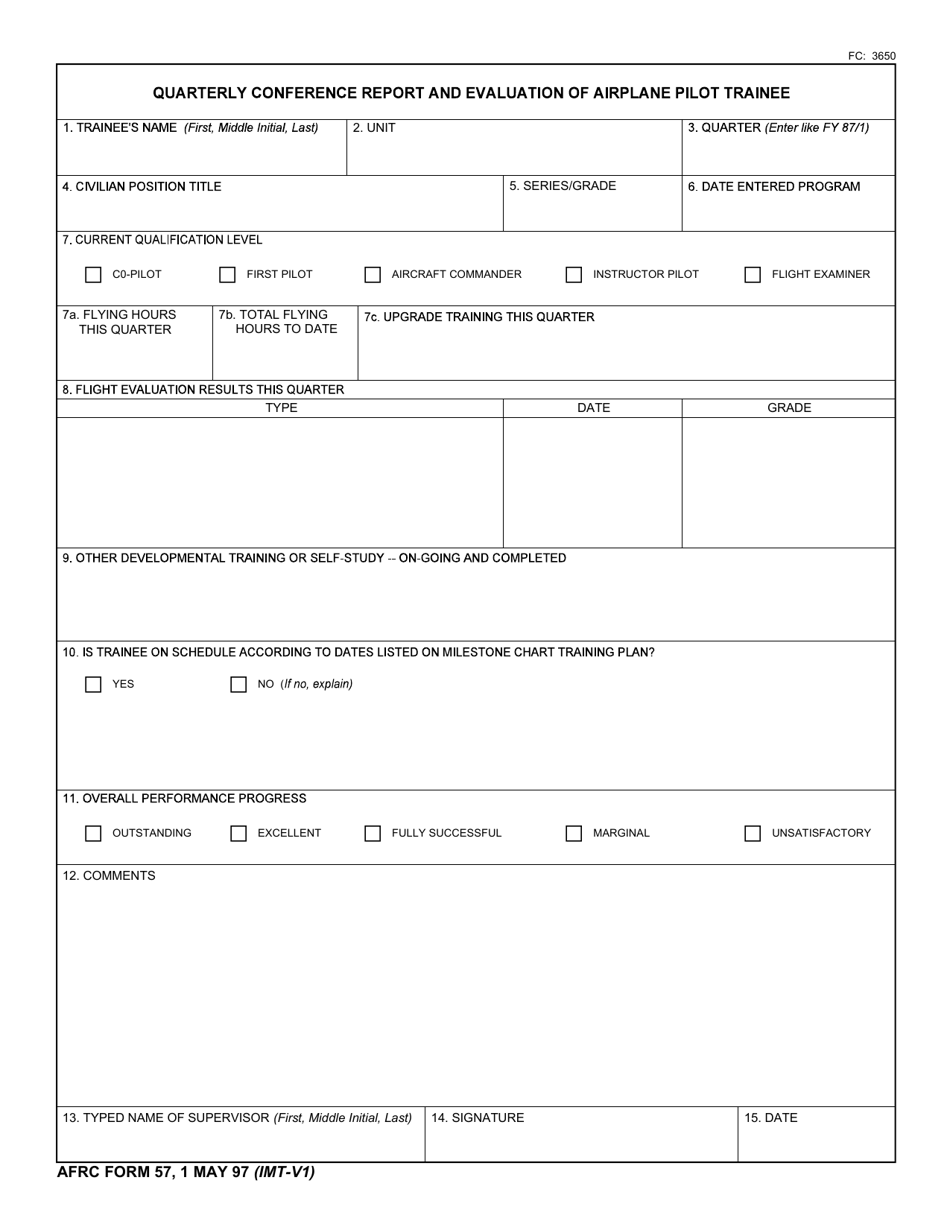 AFRC Form 57 Quarterly Conference Report and Evaluation of Airplane Pilot Trainee, Page 1