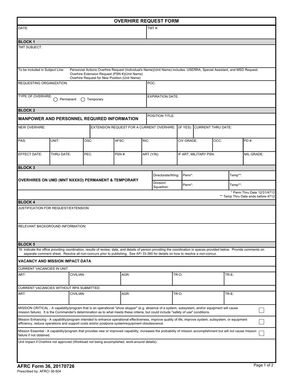AFRC Form 36 Overhire Request Form, Page 1