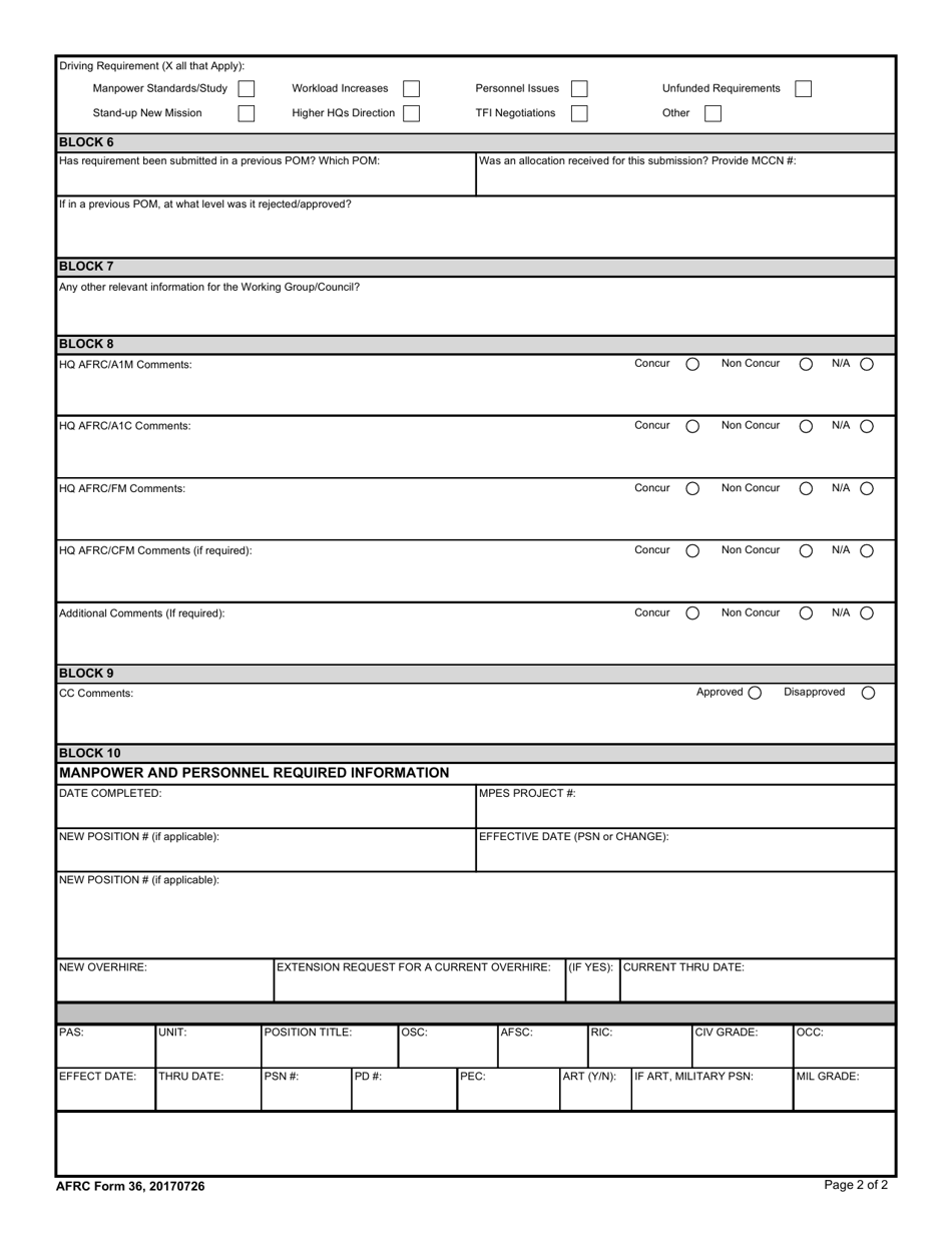 AFRC Form 36 Overhire Request Form, Page 2