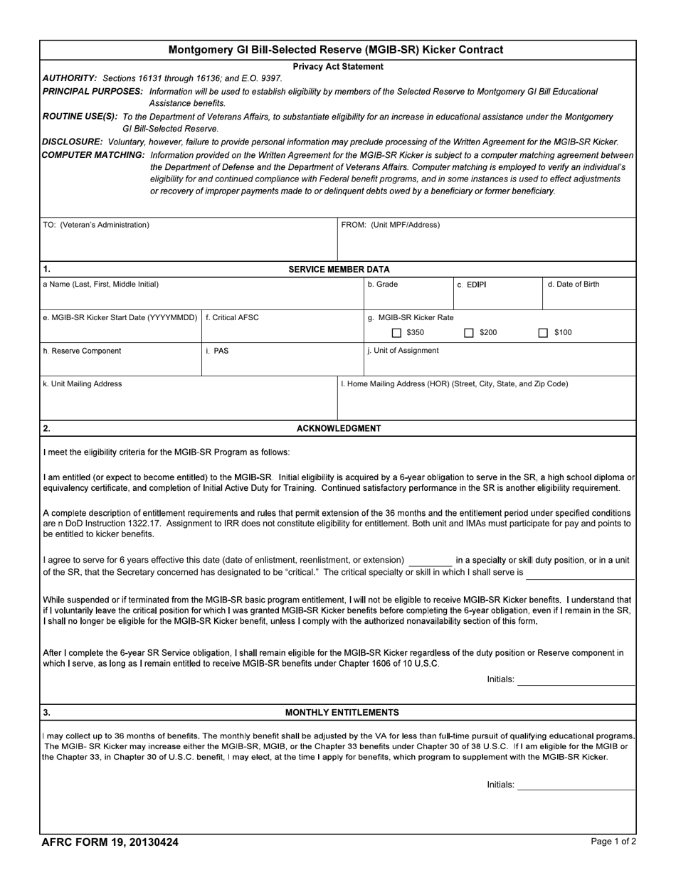 AFRC Form 19 Montgomery Gi Bill-Selected Reserve (Mgib-Sr) Kicker Contract, Page 1
