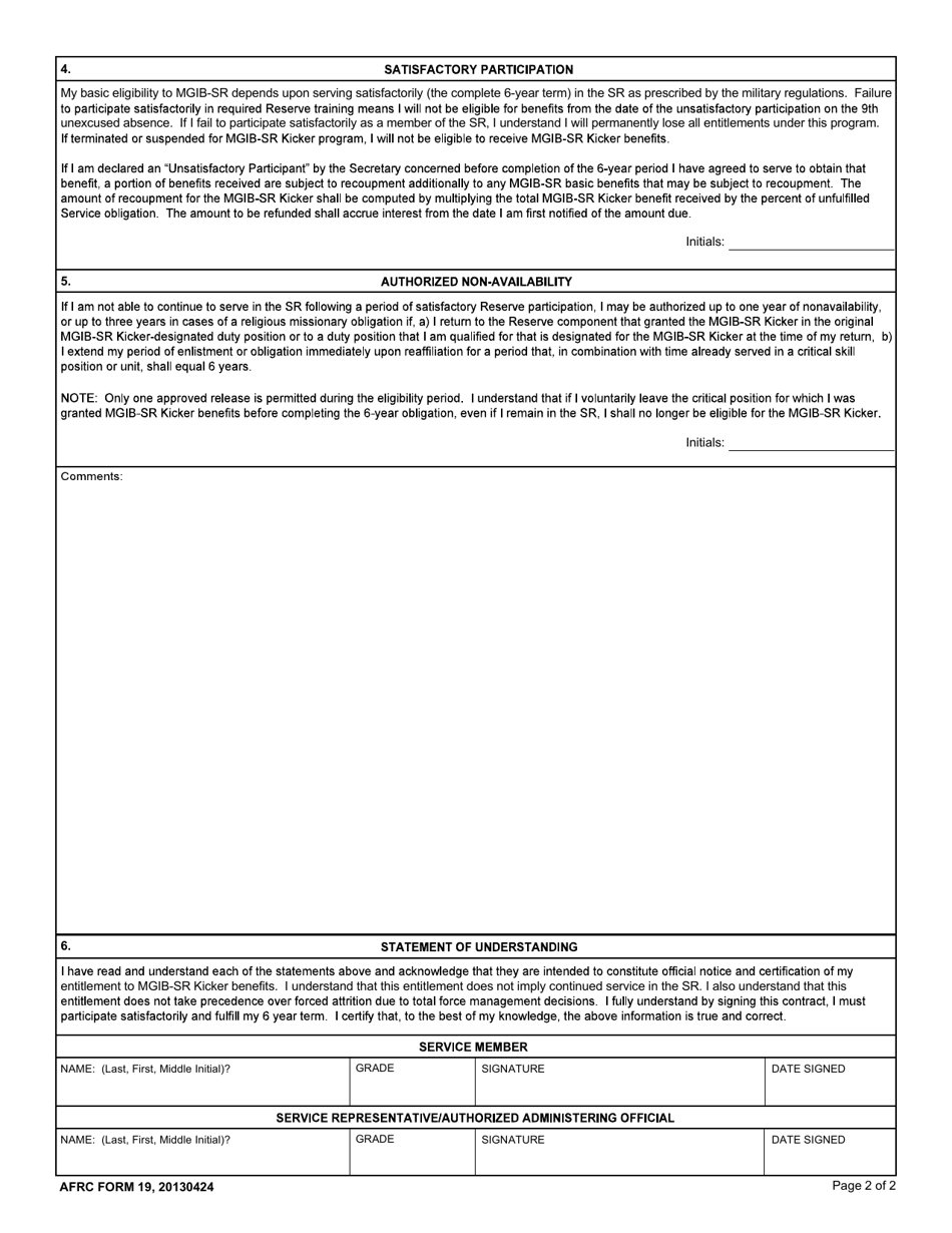 AFRC Form 19 Montgomery Gi Bill-Selected Reserve (Mgib-Sr) Kicker Contract, Page 2