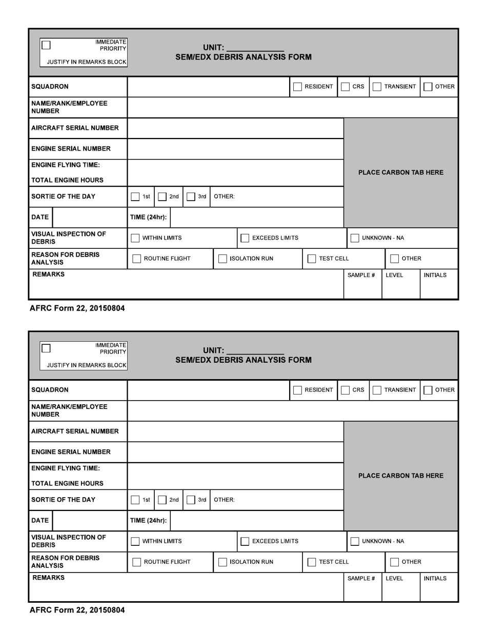 AFRC Form 22 Sem / Edx Debris Analysis Form, Page 1