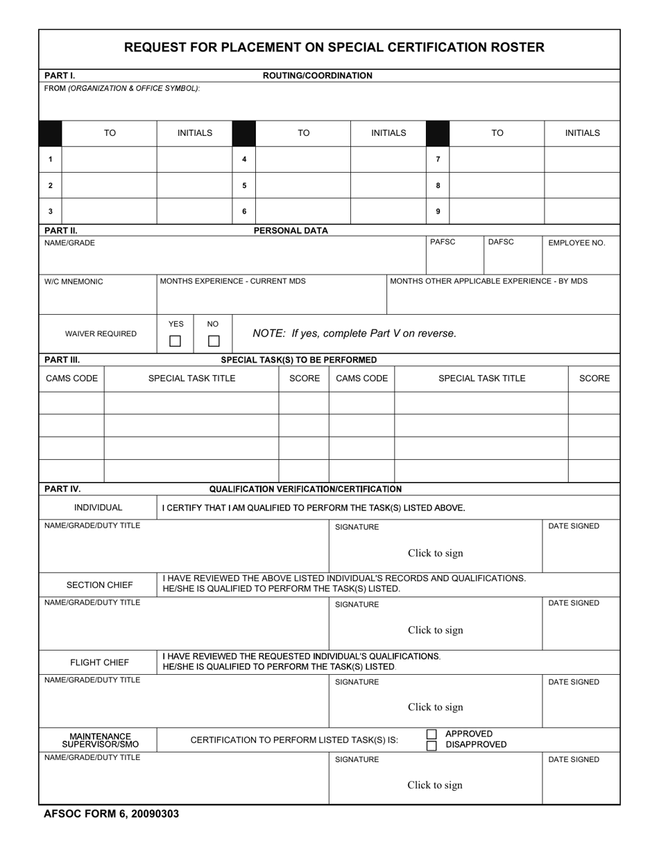 AFSOC Form 6 Request for Placement on Special Certification Roster, Page 1