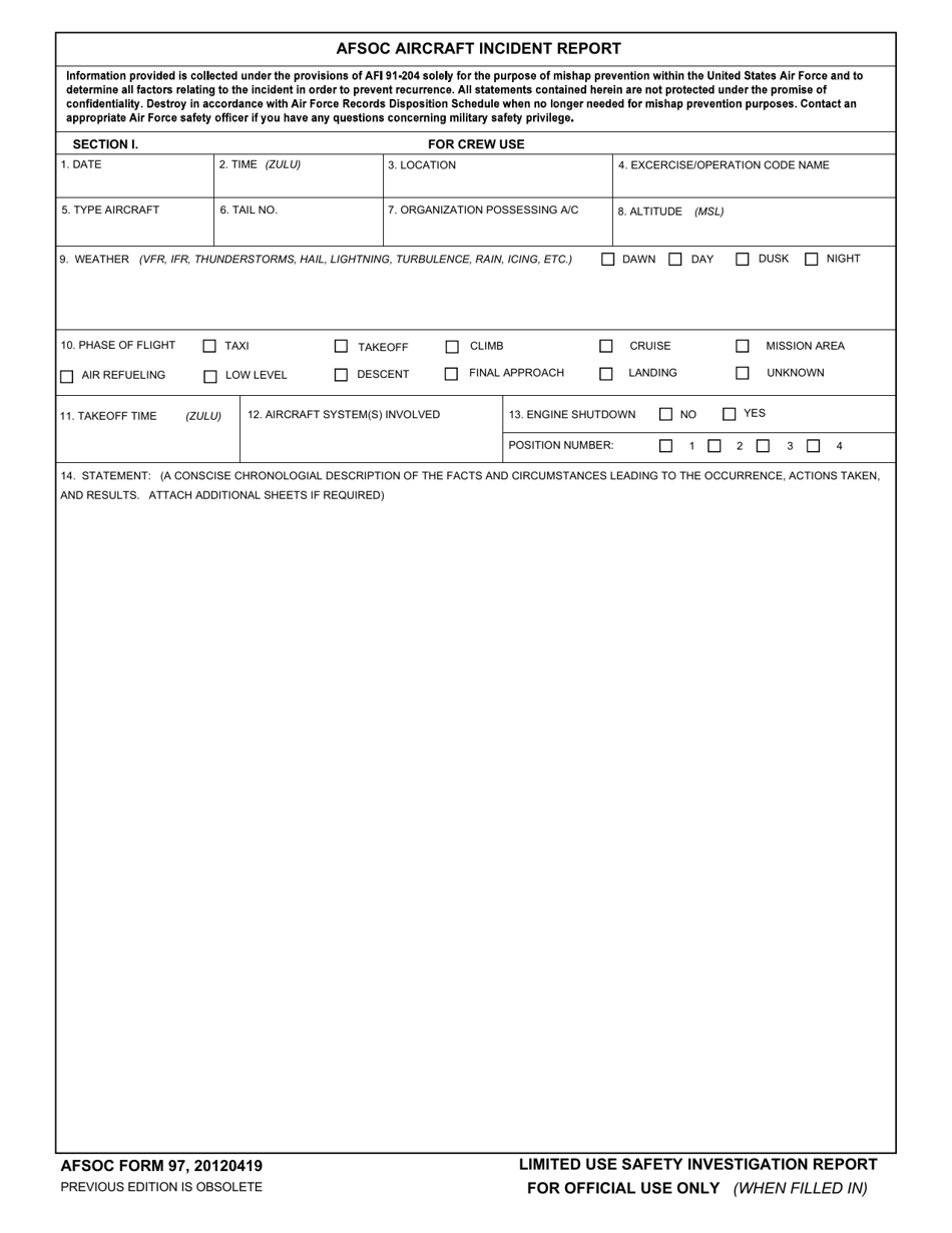 AFSOC Form 97 Afsoc Aircraft Incident Report, Page 1