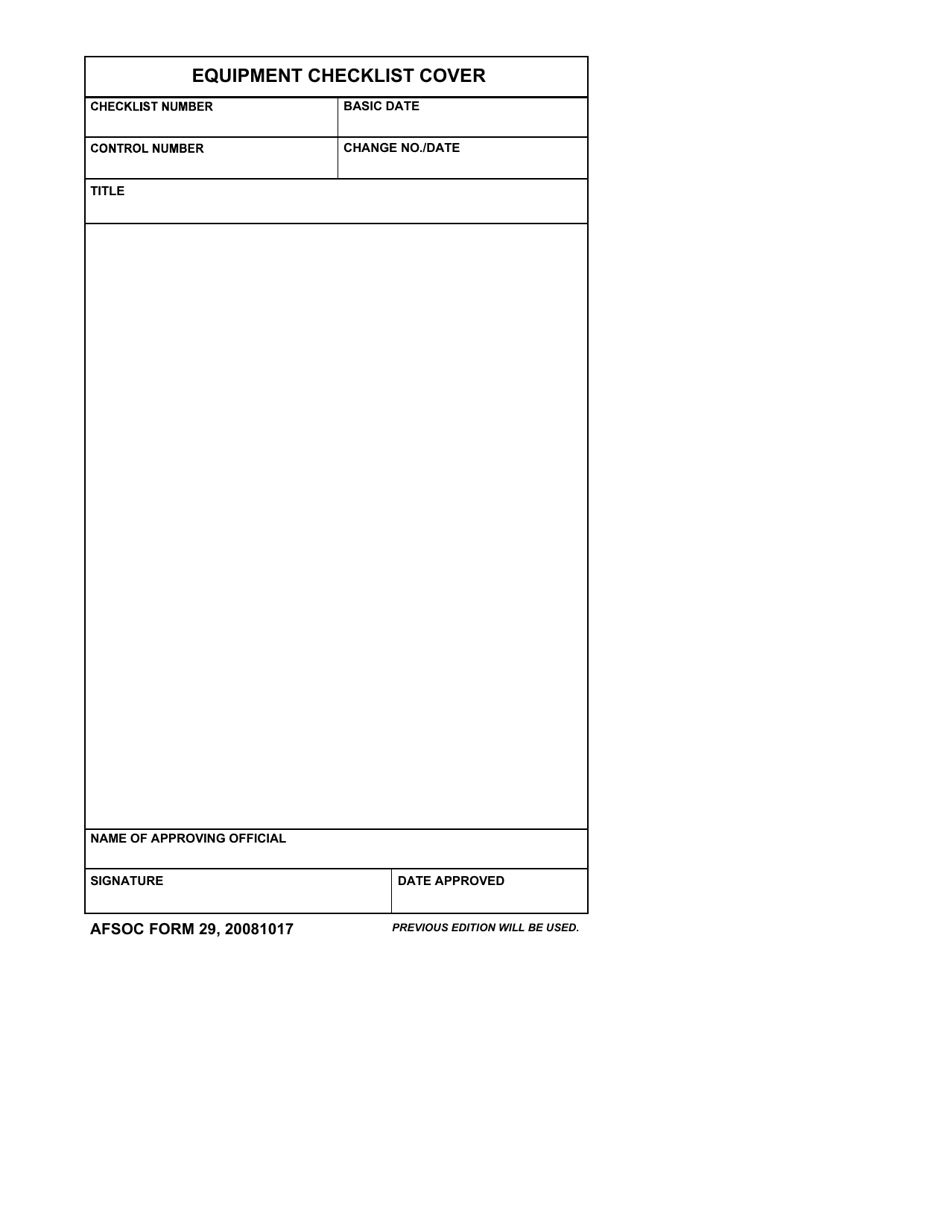AFSOC Form 29 Equipment Checklist Cover, Page 1