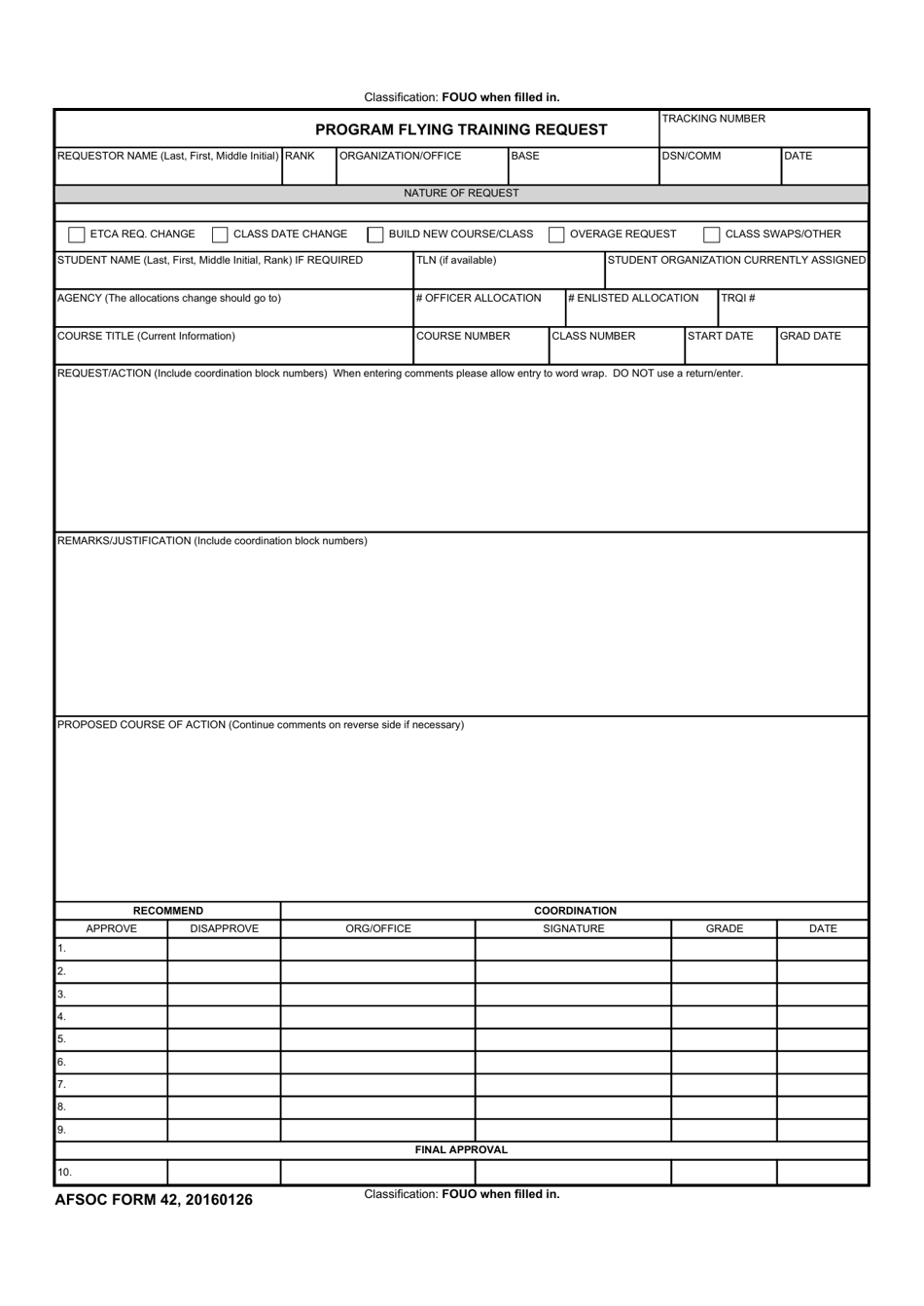 AFSOC Form 42 Program Flying Training Request, Page 1