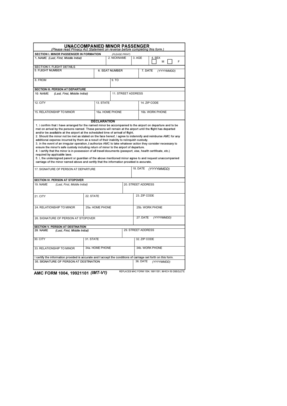 AMC Form 1004 Unaccompanied Minor Passenger, Page 1
