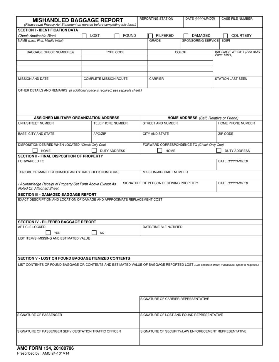 AMC Form 134 Mishandled Baggage Report, Page 1