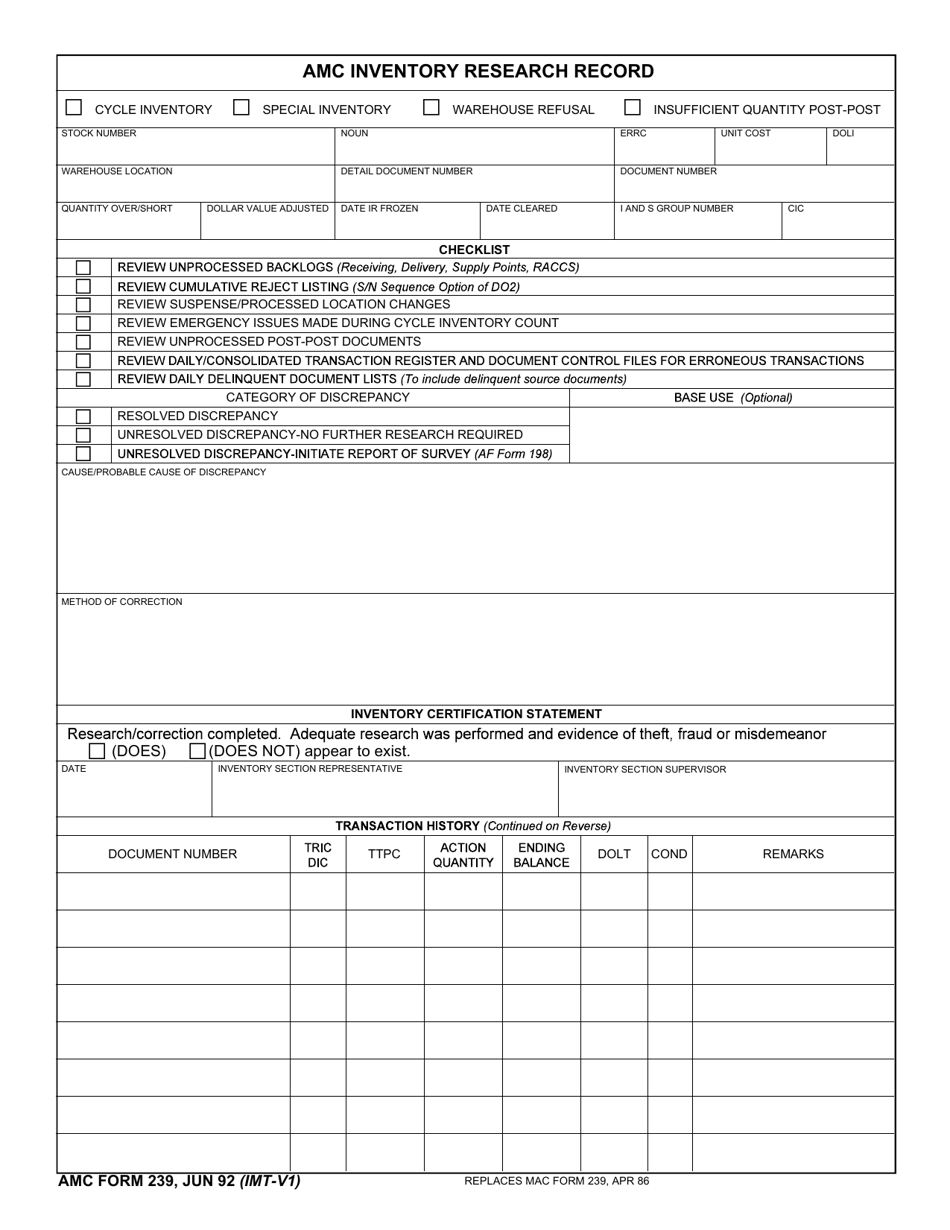 AMC Form 239 AMC Inventory Research Record, Page 1