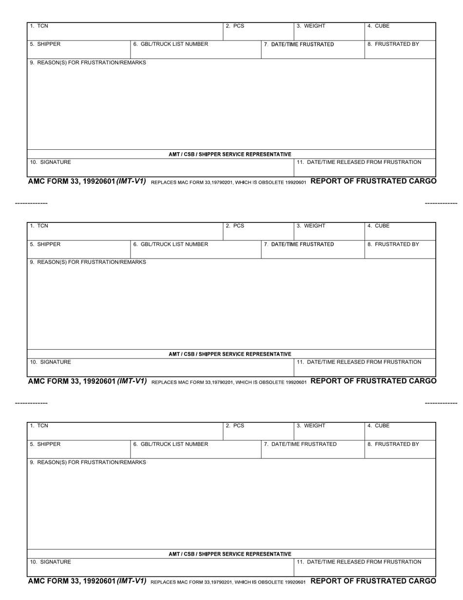 AMC Form 33 Report of Frustrated Cargo, Page 1