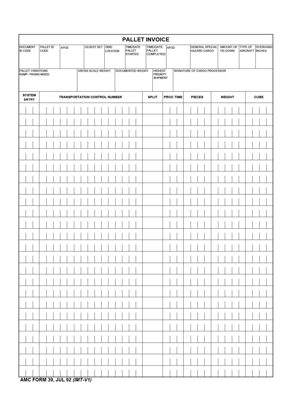 AMC Form 39 Pallet Invoice, Page 1