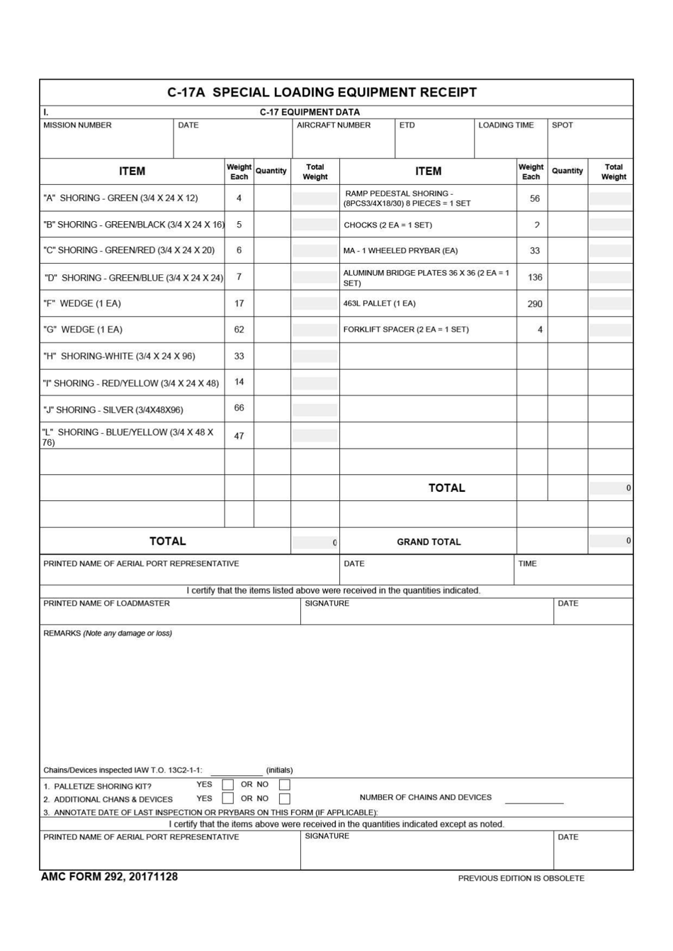 AMC Form 292 C-17a Special Loading Equipment Receipt, Page 1