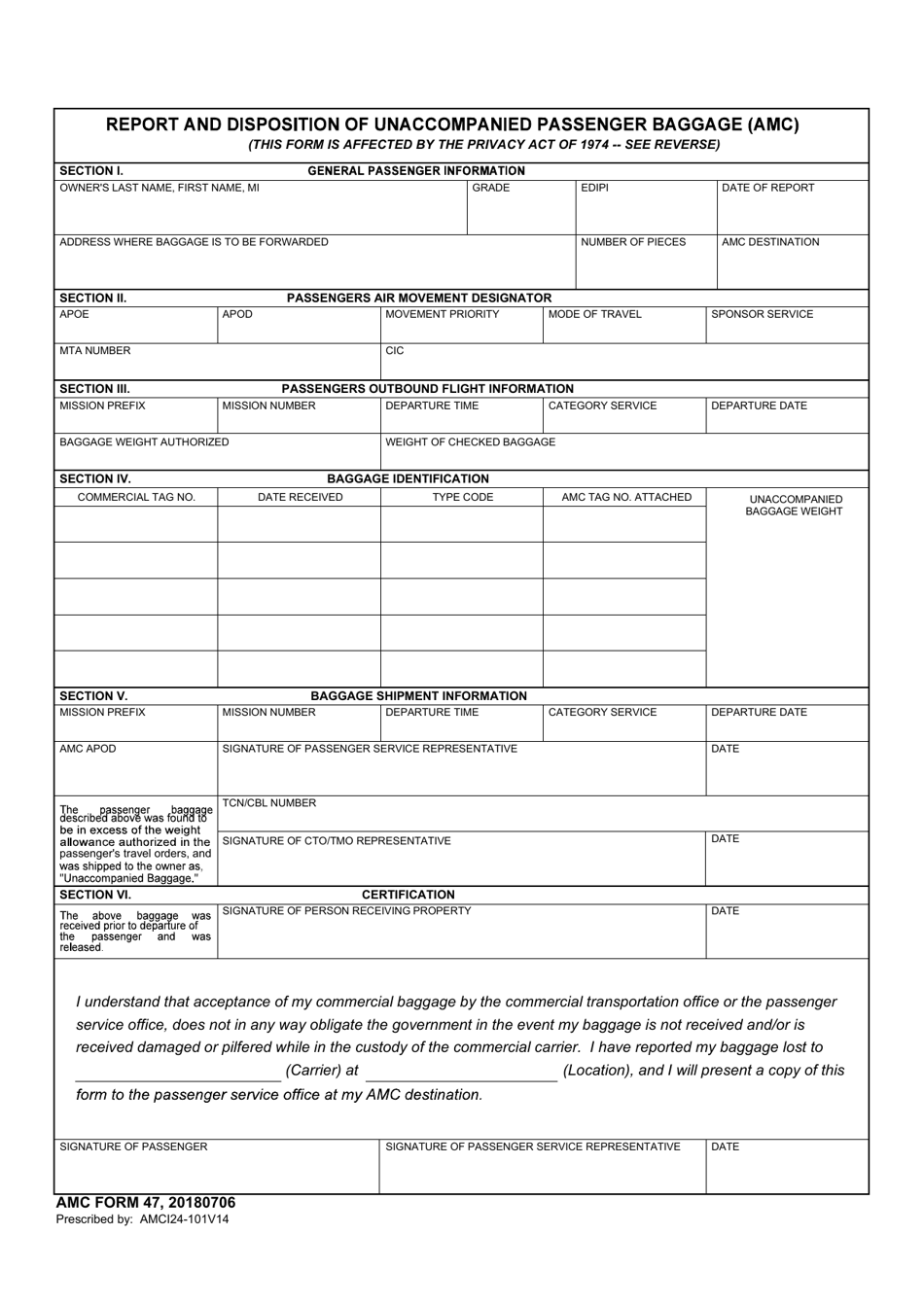 AMC Form 47 Report and Disposition of Unaccompanied Passenger Baggage (AMC), Page 1