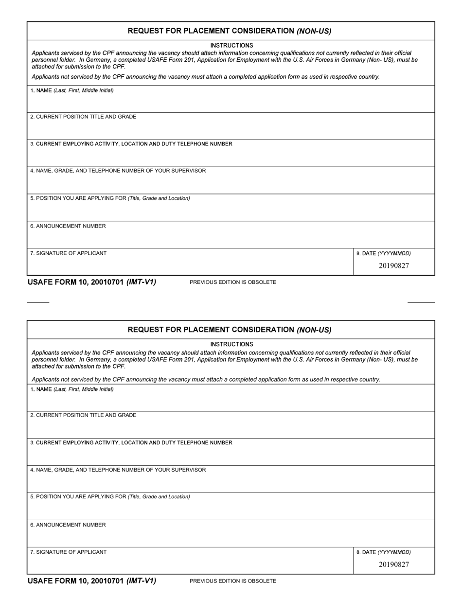USAFE Form 10 Request for Placement Considerations (Non-US), Page 1