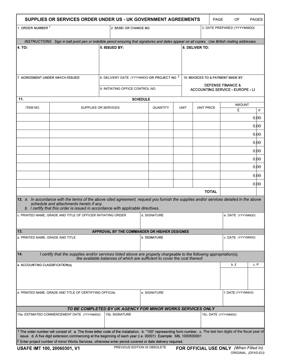 USAFE IMT Form 100 Supplies or Services Order Under US-UK Government Agreements, Page 1