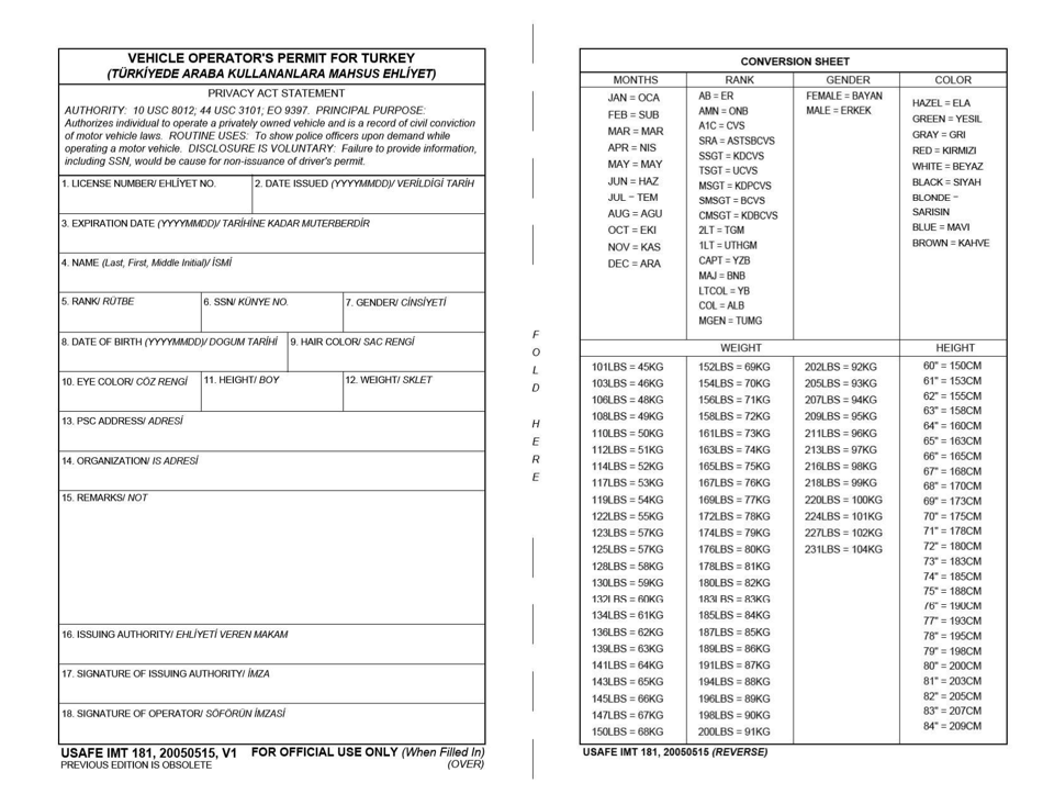 USAFE IMT Form 181 Vehicle Operators Permit for Turkey (English / Turkish), Page 1
