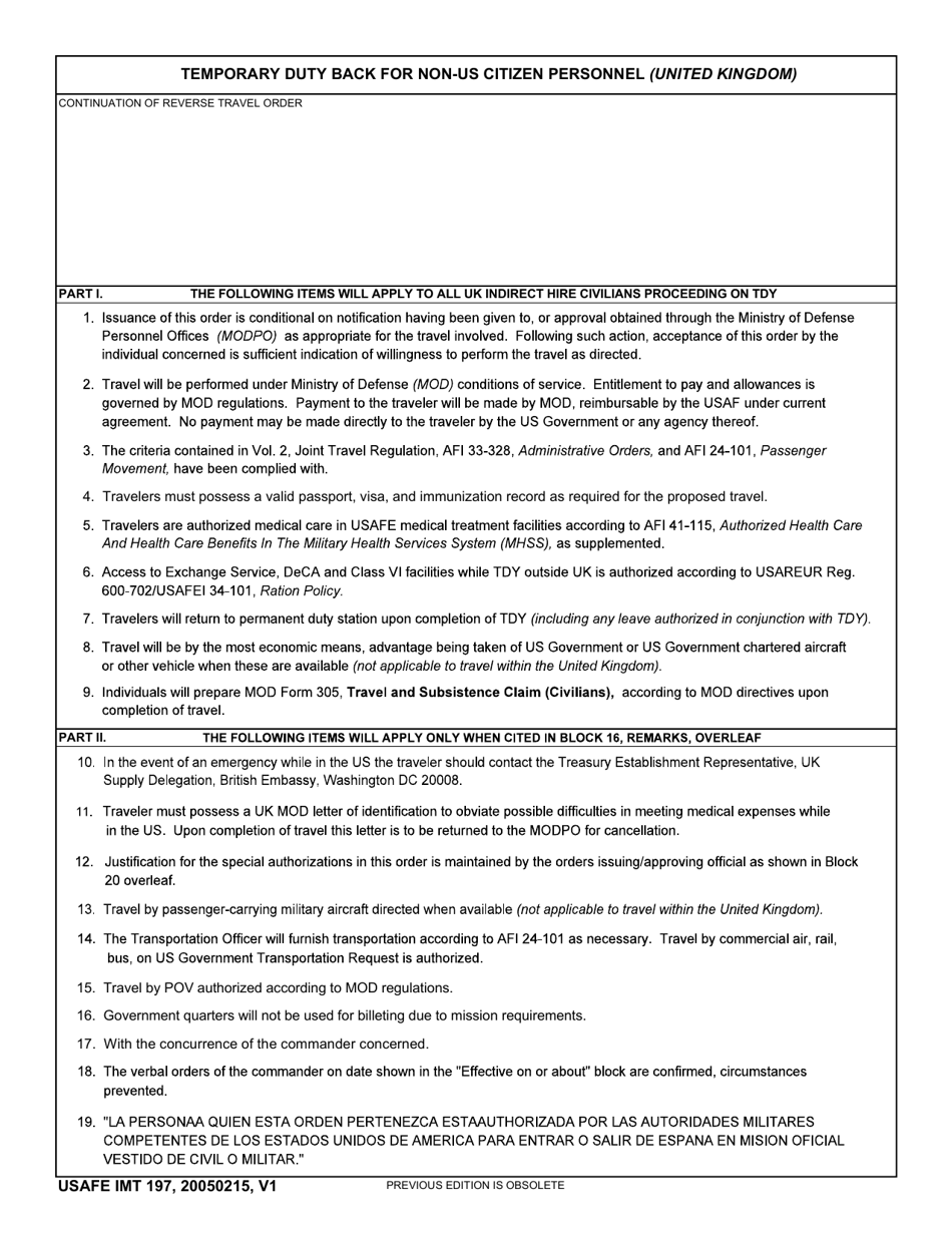 USAFE IMT Form 197 Temporary Duty Back for Non-US Citizen Personnel (UK), Page 1