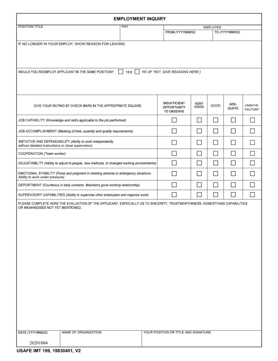 USAFE IMT Form 199 Employment Inquiry, Page 1