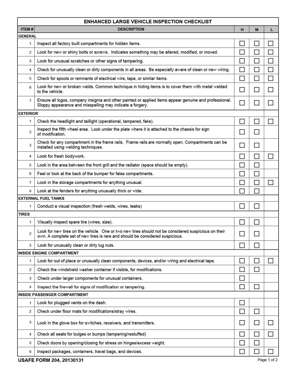 USAFE Form 204 Enhanced Large Vehicle Inspection Site Checklist, Page 1