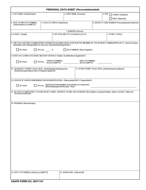 USAFE Form 203 Personnel Data Sheet (English/German)