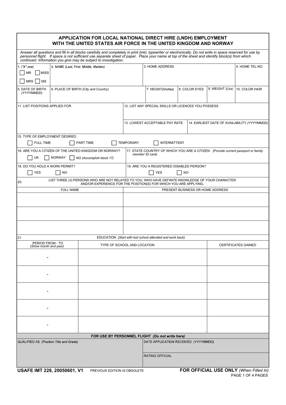 USAFE IMT Form 228 Application for Local National Direct Hire (Lndh) Employment With the United States Air Force in the United Kingdom and Norway, Page 1