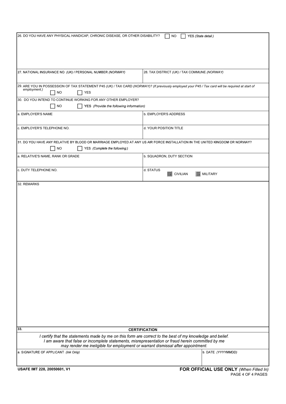 USAFE IMT Form 228 Application for Local National Direct Hire (Lndh) Employment With the United States Air Force in the United Kingdom and Norway, Page 4