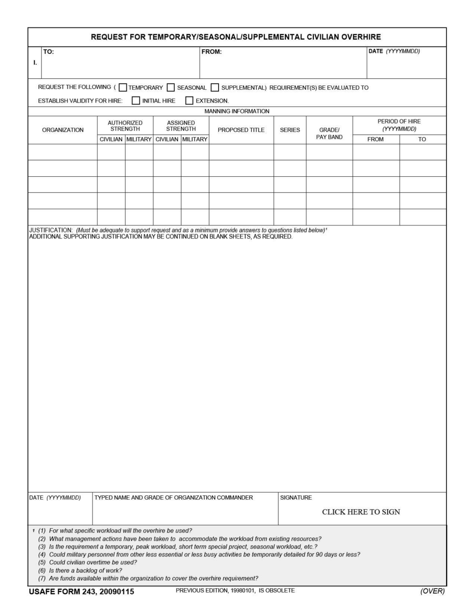 USAFE Form 243 Request for Temporary / Seasonal / Supplemental Civilian Overhire, Page 1