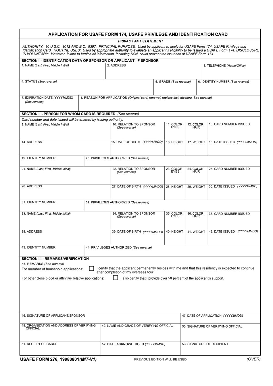 USAFE Form 276 Application for Usafe Form 174, Usafe Privilege and Identification Card, Page 1