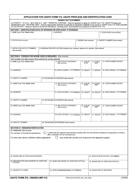 USAFE Form 276 Application for Usafe Form 174, Usafe Privilege and Identification Card