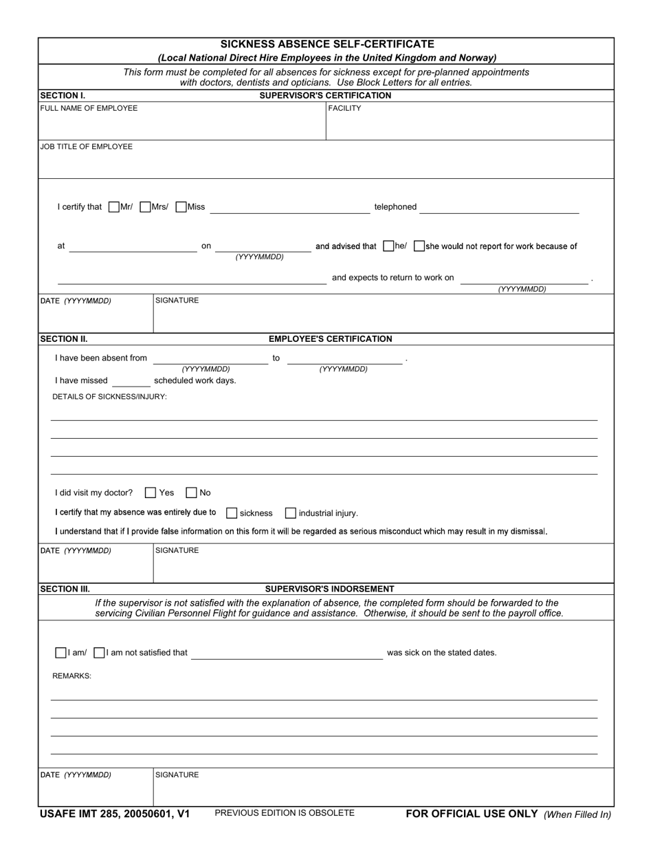 USAFE IMT Form 285 Sickness Absence Self-certificate (Local National Direct Hire Employees in the United Kingdom and Norway), Page 1