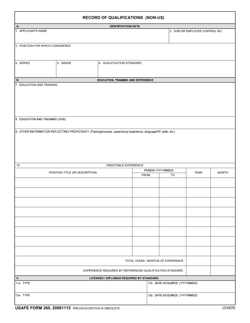 USAFE Form 260 Record of Qualifications (Non-US), Page 1