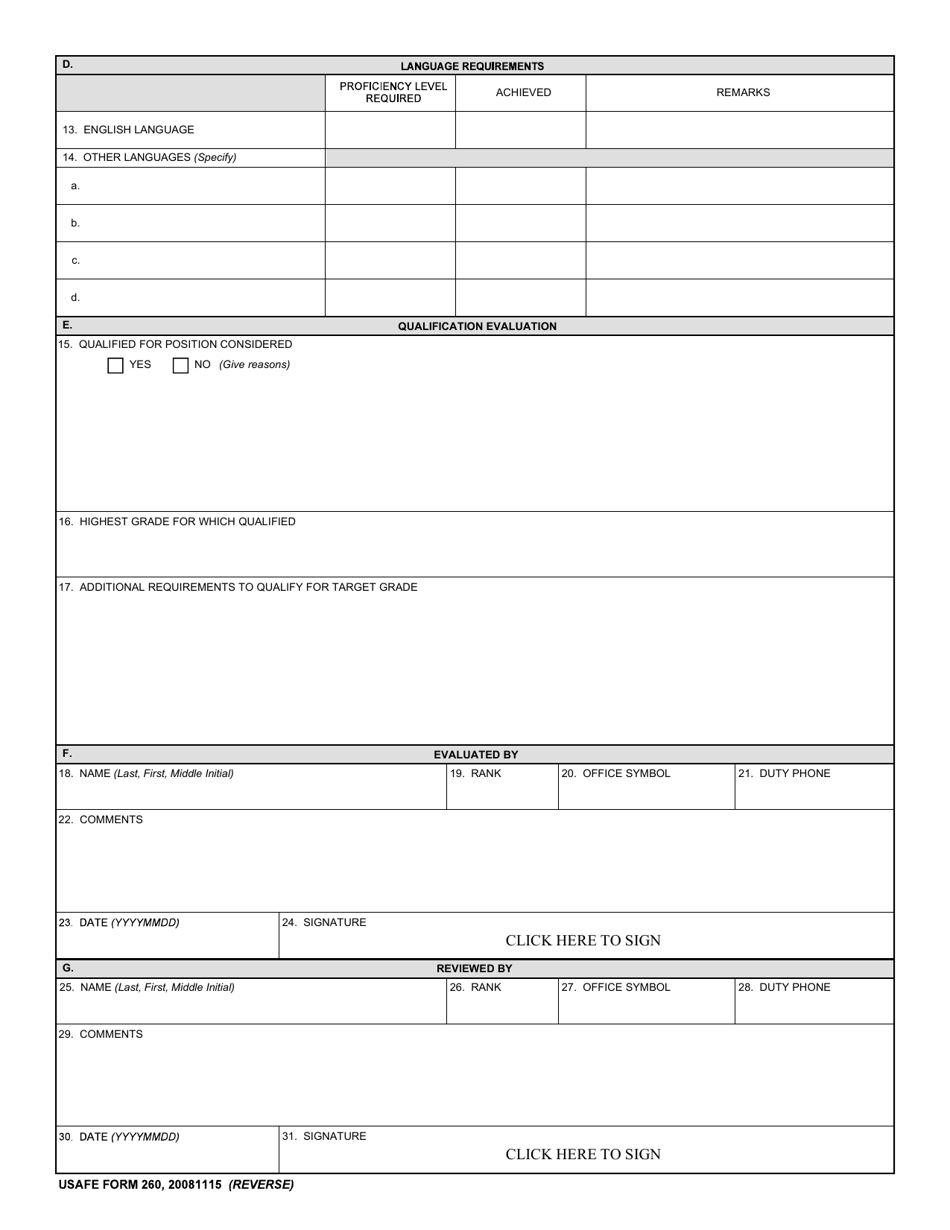 USAFE Form 260 Record of Qualifications (Non-US), Page 2