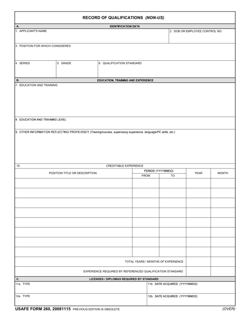USAFE Form 260 Record of Qualifications (Non-US)