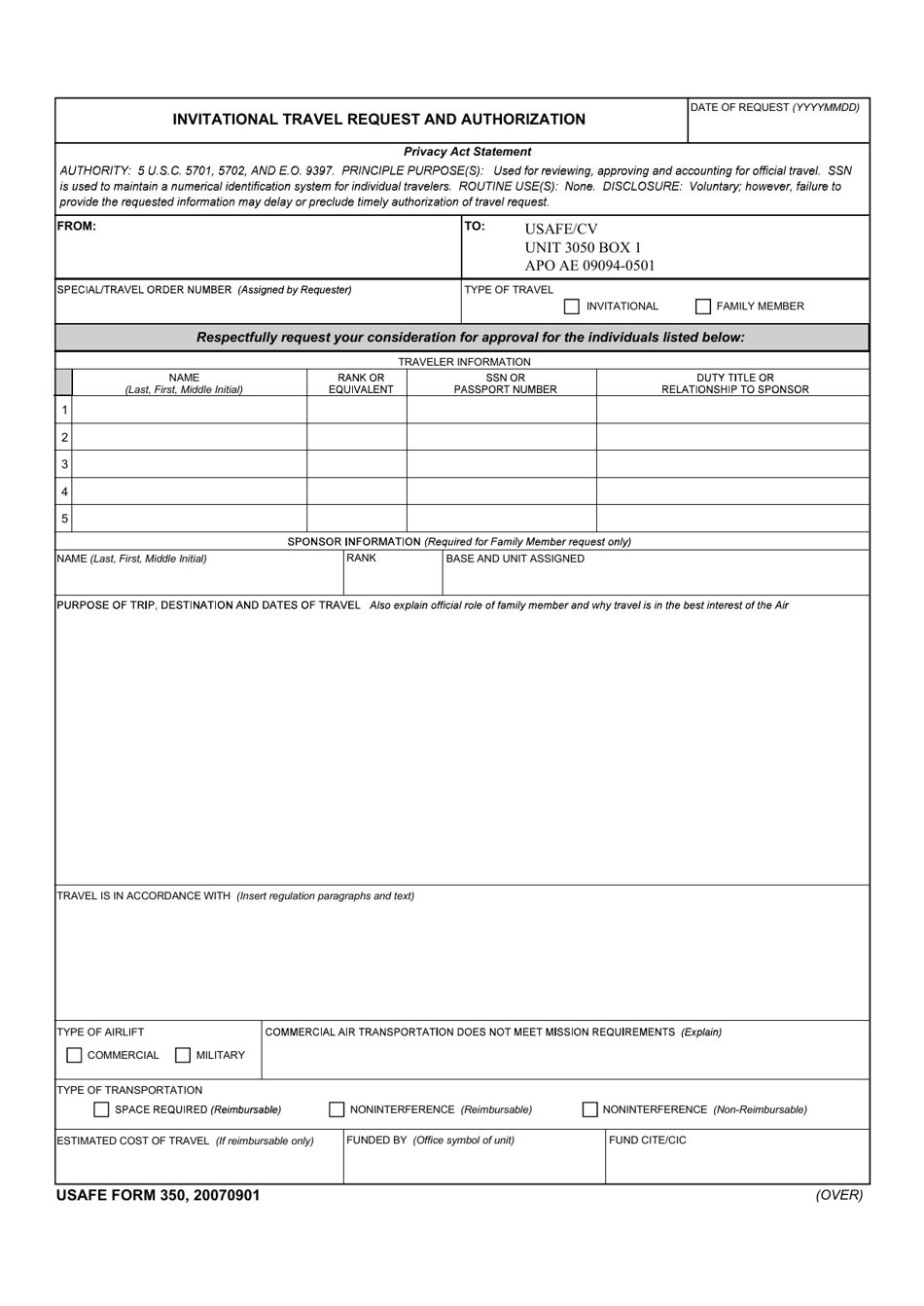 USAFE Form 350 Invitational Travel Request and Authorization, Page 1