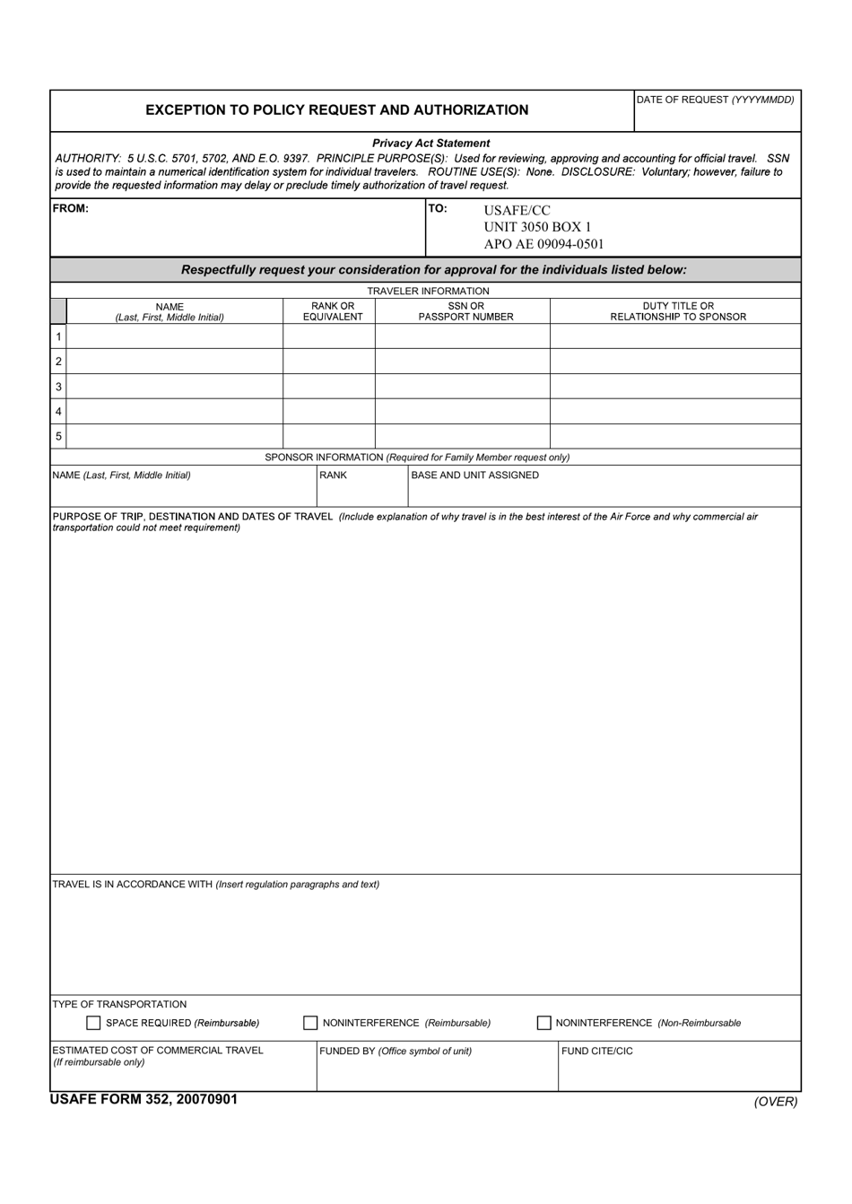 USAFE Form 352 Exception to Policy Request and Authorization, Page 1