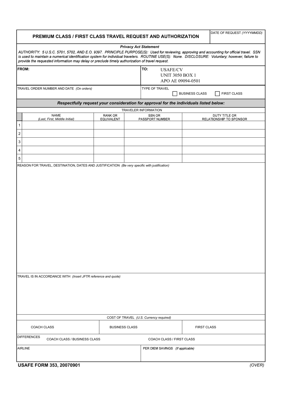 USAFE Form 353 Premium Class / First Class Travel Request and Authorization, Page 1