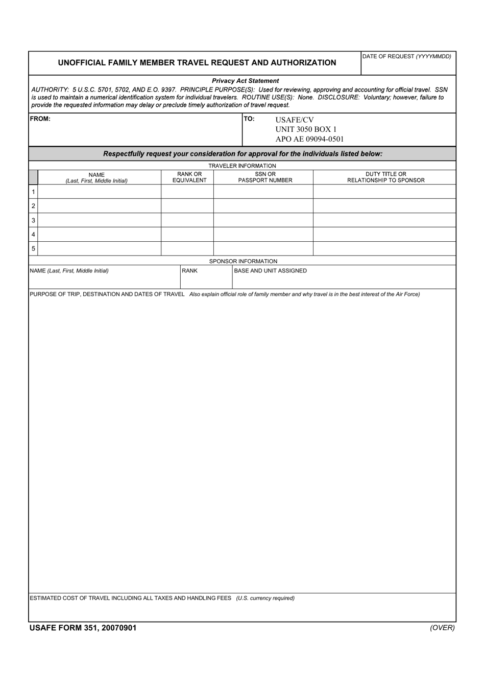 USAFE Form 351 Unofficial Family Member Travel Request and Authorization, Page 1