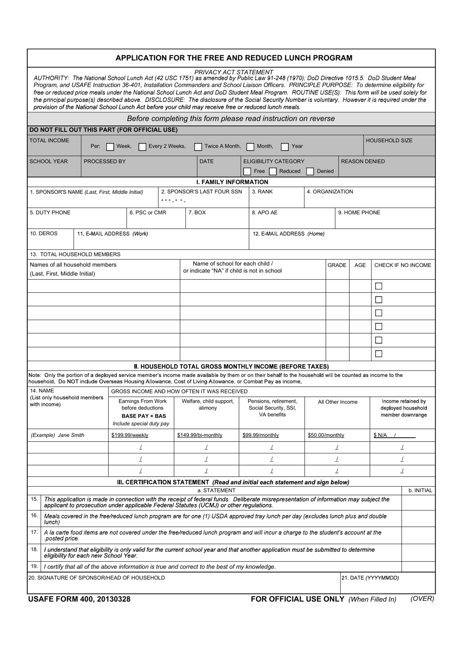 USAFE Form 400 Download Fillable PDF or Fill Online Application for the