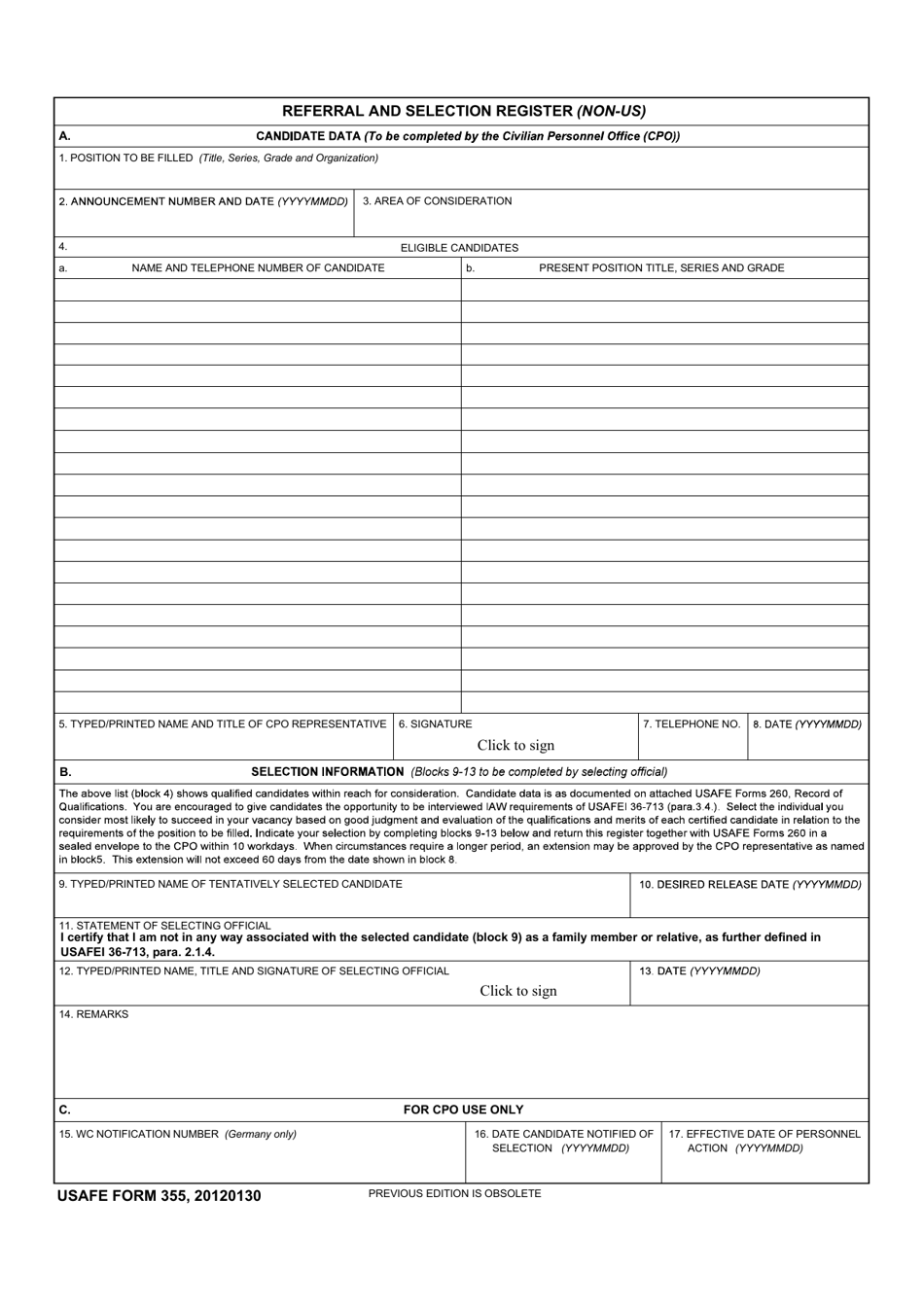 USAFE Form 355 Referral and Selection Register (Non-US), Page 1
