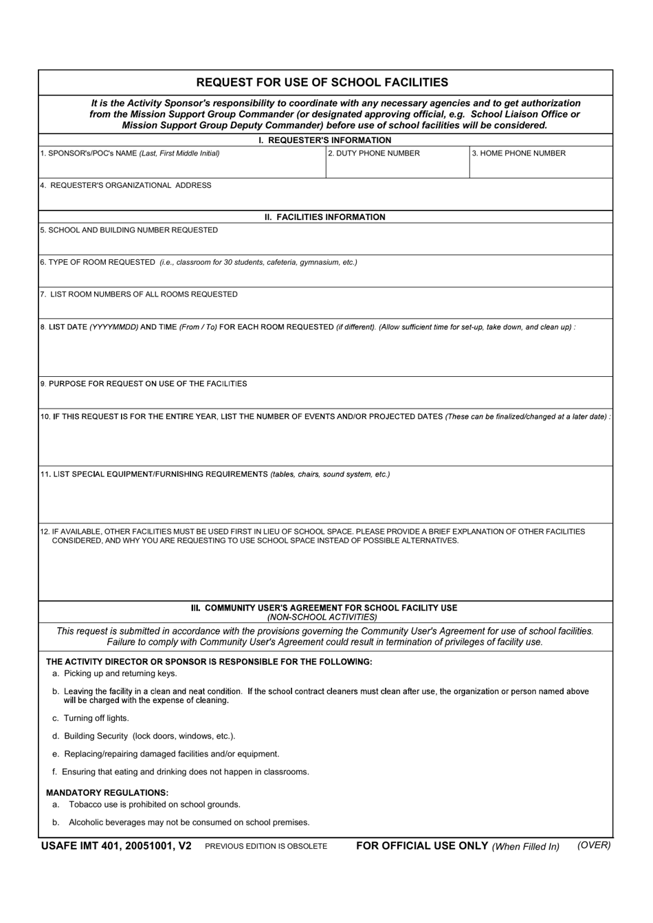 USAFE IMT Form 401 Request for Use of School Facilities, Page 1