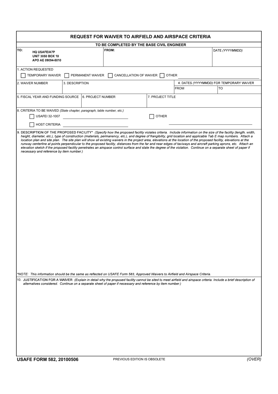 USAFE Form 582 Request for Waiver to Airfield and Airspace Criteria, Page 1